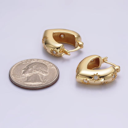 16K Gold Filled Triangle V-Shaped Dome Celestial Stars CZ French Lock Latch Hoop Earrings | AE635