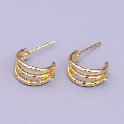 16K Gold Filled Triple Band Claw Open Loop C-Shaped Hoop Earrings Supply | Z-401