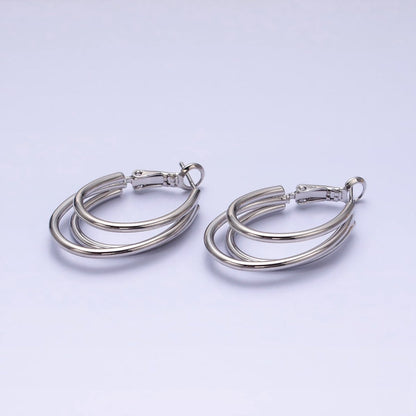 16K Gold Filled Triple Band Oblong Hinge Hoop Earrings in Gold &amp; Silver | AD847 AD848
