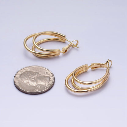 16K Gold Filled Triple Band Oblong Hinge Hoop Earrings in Gold &amp; Silver | AD847 AD848