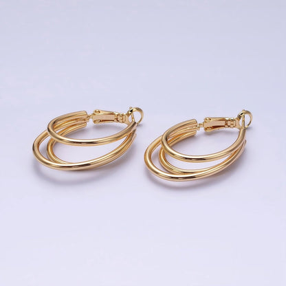 16K Gold Filled Triple Band Oblong Hinge Hoop Earrings in Gold &amp; Silver | AD847 AD848