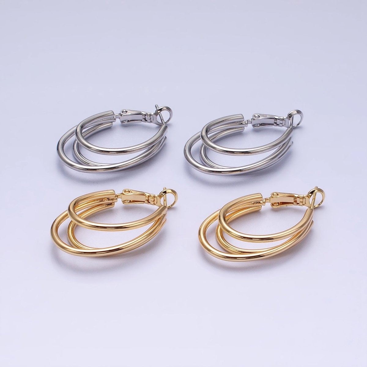 16K Gold Filled Triple Band Oblong Hinge Hoop Earrings in Gold &amp; Silver | AD847 AD848
