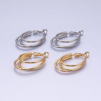 16K Gold Filled Triple Band Oblong Hinge Hoop Earrings in Gold &amp; Silver | AD847 AD848