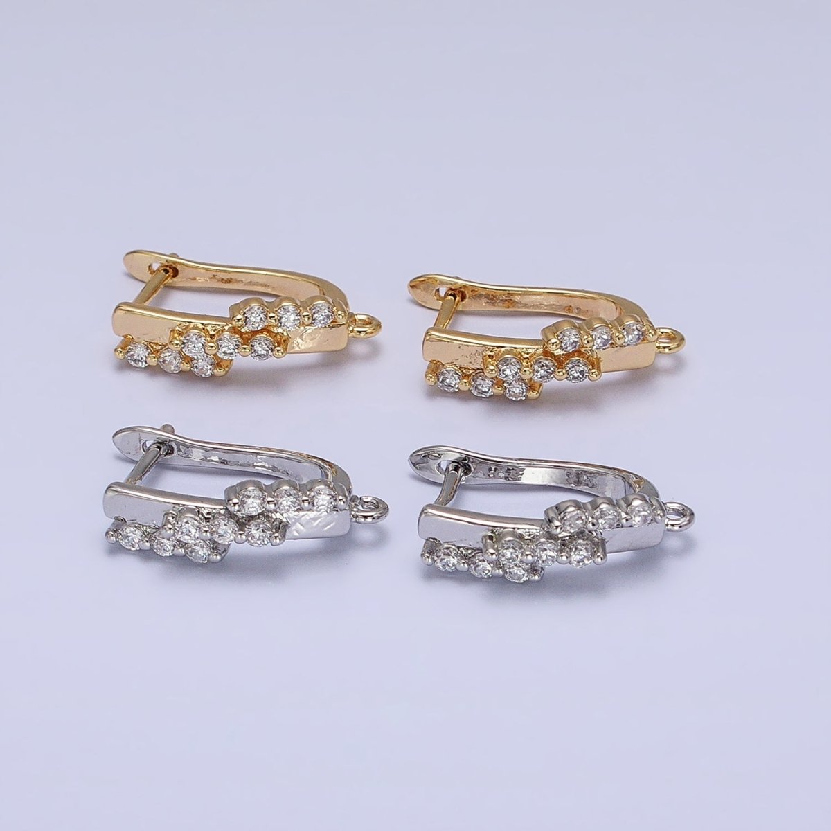 16K Gold Filled Triple CZ Lined Micro Paved Bar Open Loop English Lock Earrings Supply in Gold &amp; Silver | Z-231 Z-232