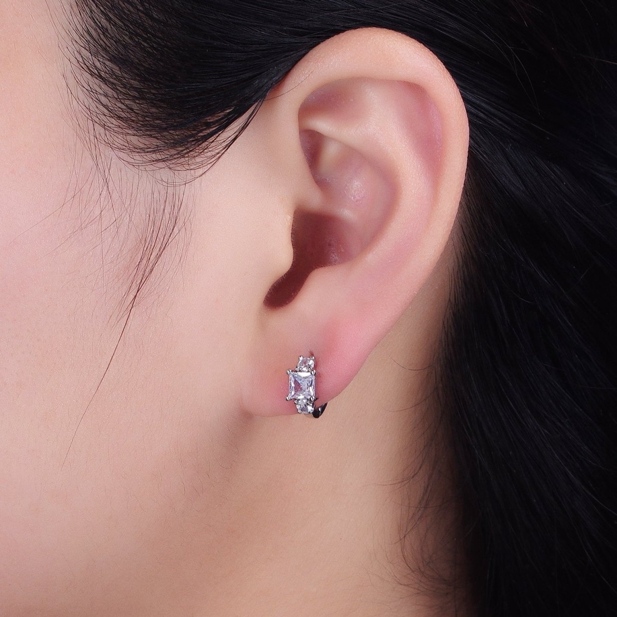 16K Gold Filled Triple CZ Square Round Clear Huggie Earrings in Gold &amp; Silver | AB1443 AB1444