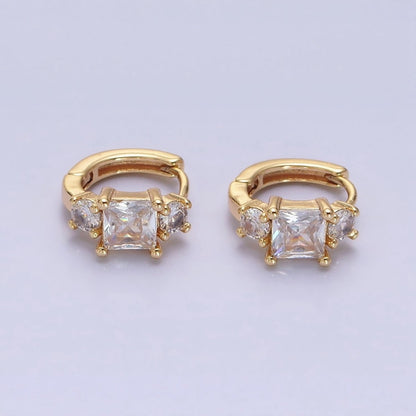 16K Gold Filled Triple CZ Square Round Clear Huggie Earrings in Gold &amp; Silver | AB1443 AB1444