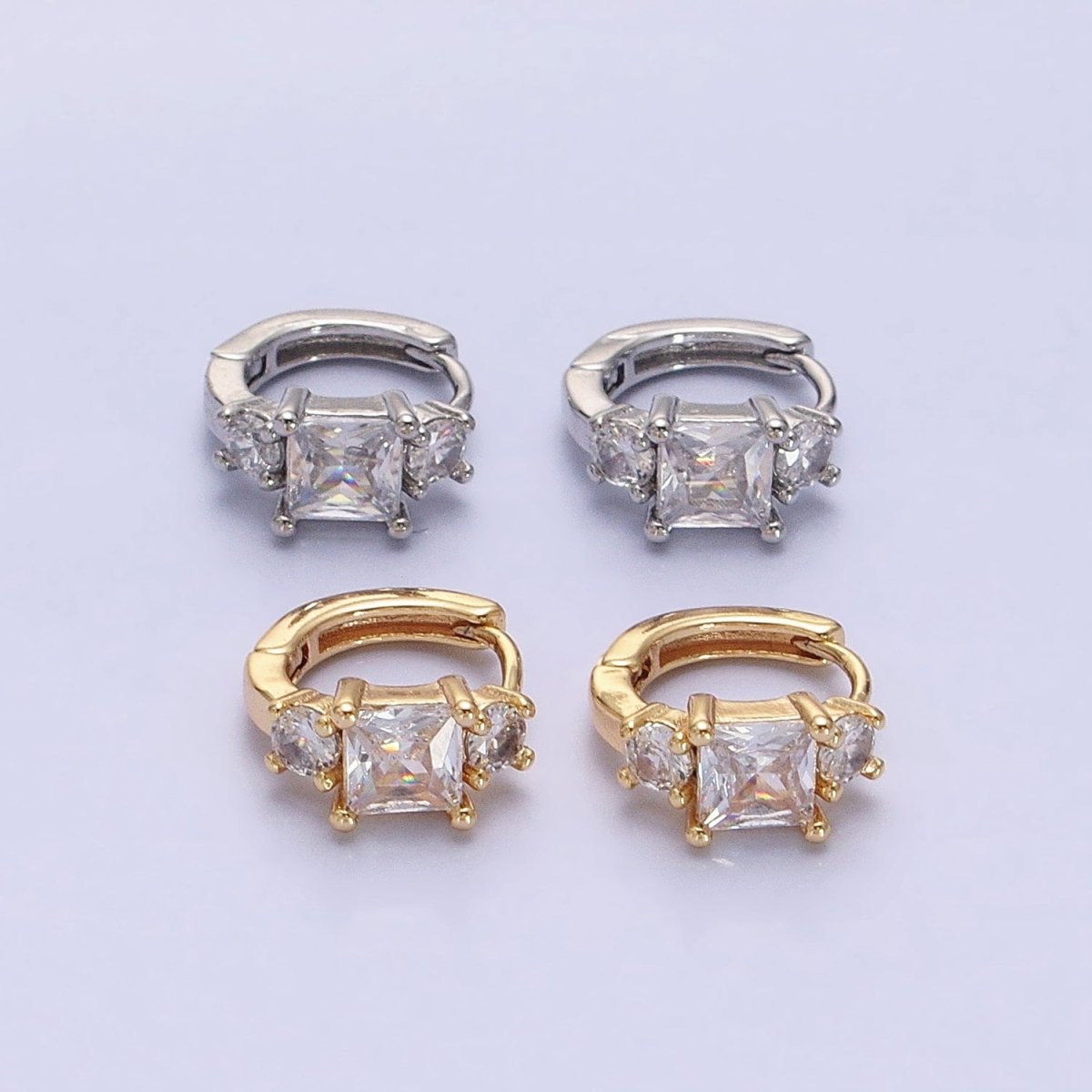 16K Gold Filled Triple CZ Square Round Clear Huggie Earrings in Gold &amp; Silver | AB1443 AB1444