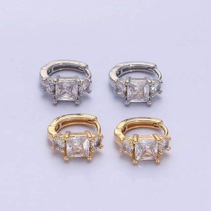 16K Gold Filled Triple CZ Square Round Clear Huggie Earrings in Gold &amp; Silver | AB1443 AB1444