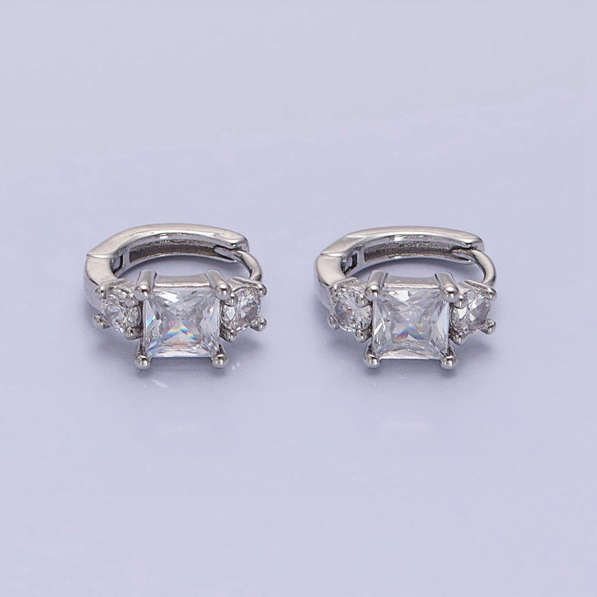 16K Gold Filled Triple CZ Square Round Clear Huggie Earrings in Gold &amp; Silver | AB1443 AB1444