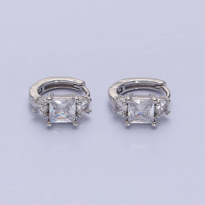 16K Gold Filled Triple CZ Square Round Clear Huggie Earrings in Gold &amp; Silver | AB1443 AB1444