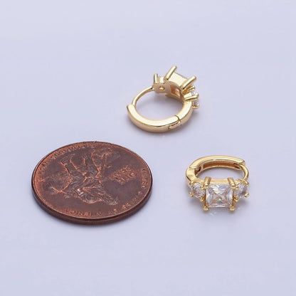 16K Gold Filled Triple CZ Square Round Clear Huggie Earrings in Gold &amp; Silver | AB1443 AB1444