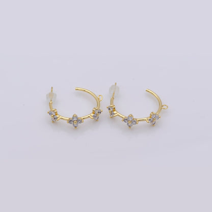 16K Gold Filled Triple Flower CZ C-Shaped Open Loop Hoop Drop Earrings Findings | Z826