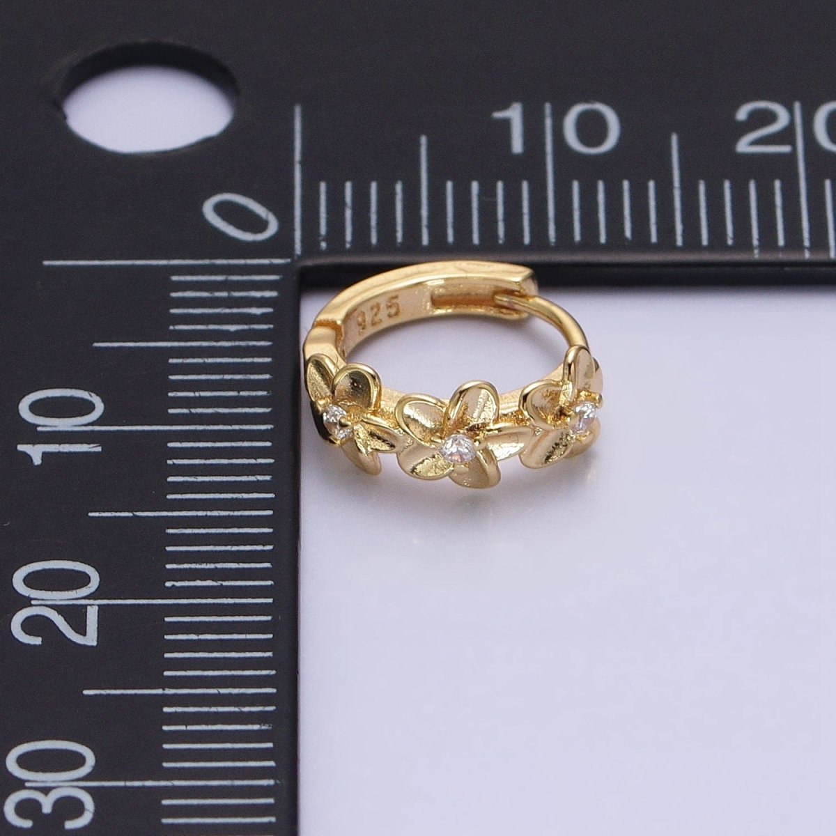 16K Gold Filled Triple Flower CZ Lined 12mm Huggie Earrings in Gold &amp; Silver | AB1463 AB1464