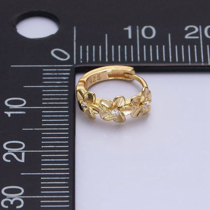 16K Gold Filled Triple Flower CZ Lined 12mm Huggie Earrings in Gold &amp; Silver | AB1463 AB1464