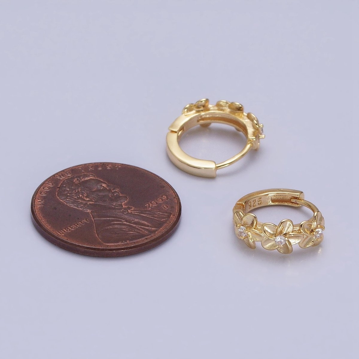 16K Gold Filled Triple Flower CZ Lined 12mm Huggie Earrings in Gold &amp; Silver | AB1463 AB1464