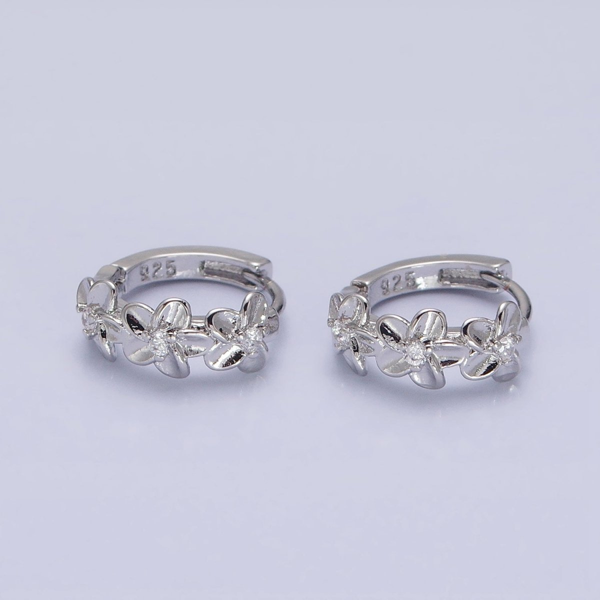 16K Gold Filled Triple Flower CZ Lined 12mm Huggie Earrings in Gold &amp; Silver | AB1463 AB1464