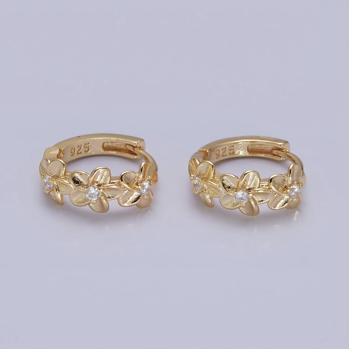 16K Gold Filled Triple Flower CZ Lined 12mm Huggie Earrings in Gold &amp; Silver | AB1463 AB1464