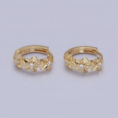 16K Gold Filled Triple Flower CZ Lined 12mm Huggie Earrings in Gold &amp; Silver | AB1463 AB1464