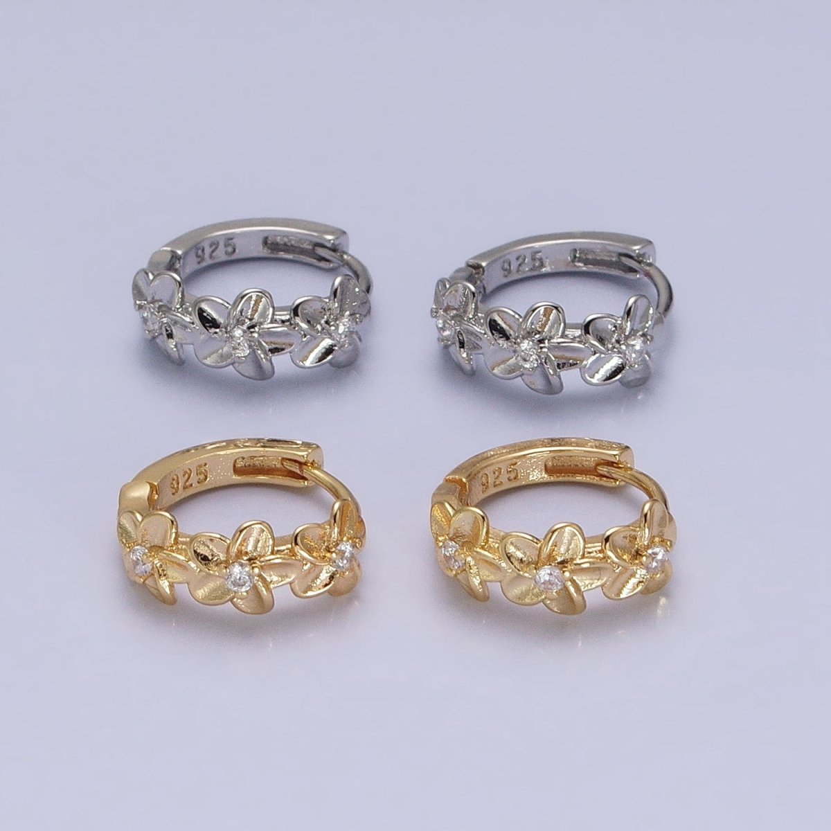 16K Gold Filled Triple Flower CZ Lined 12mm Huggie Earrings in Gold &amp; Silver | AB1463 AB1464