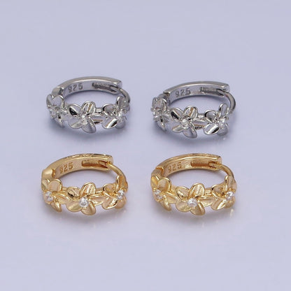 16K Gold Filled Triple Flower CZ Lined 12mm Huggie Earrings in Gold &amp; Silver | AB1463 AB1464