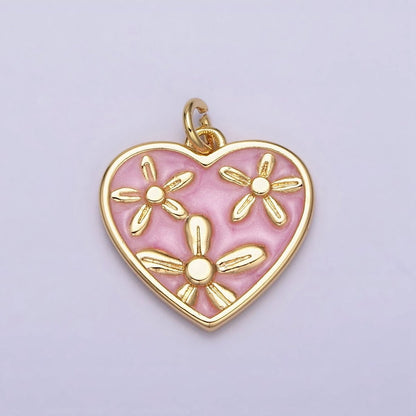16K Gold Filled Triple Flower White, Pink, Blue Sparkly Enamel Heart Charm | AC1105 - AC1110