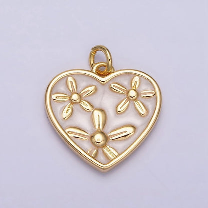 16K Gold Filled Triple Flower White, Pink, Blue Sparkly Enamel Heart Charm | AC1105 - AC1110