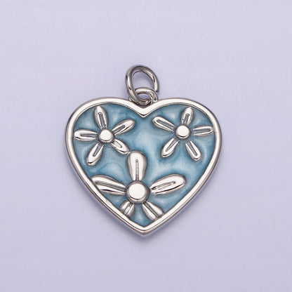 16K Gold Filled Triple Flower White, Pink, Blue Sparkly Enamel Heart Charm | AC1105 - AC1110
