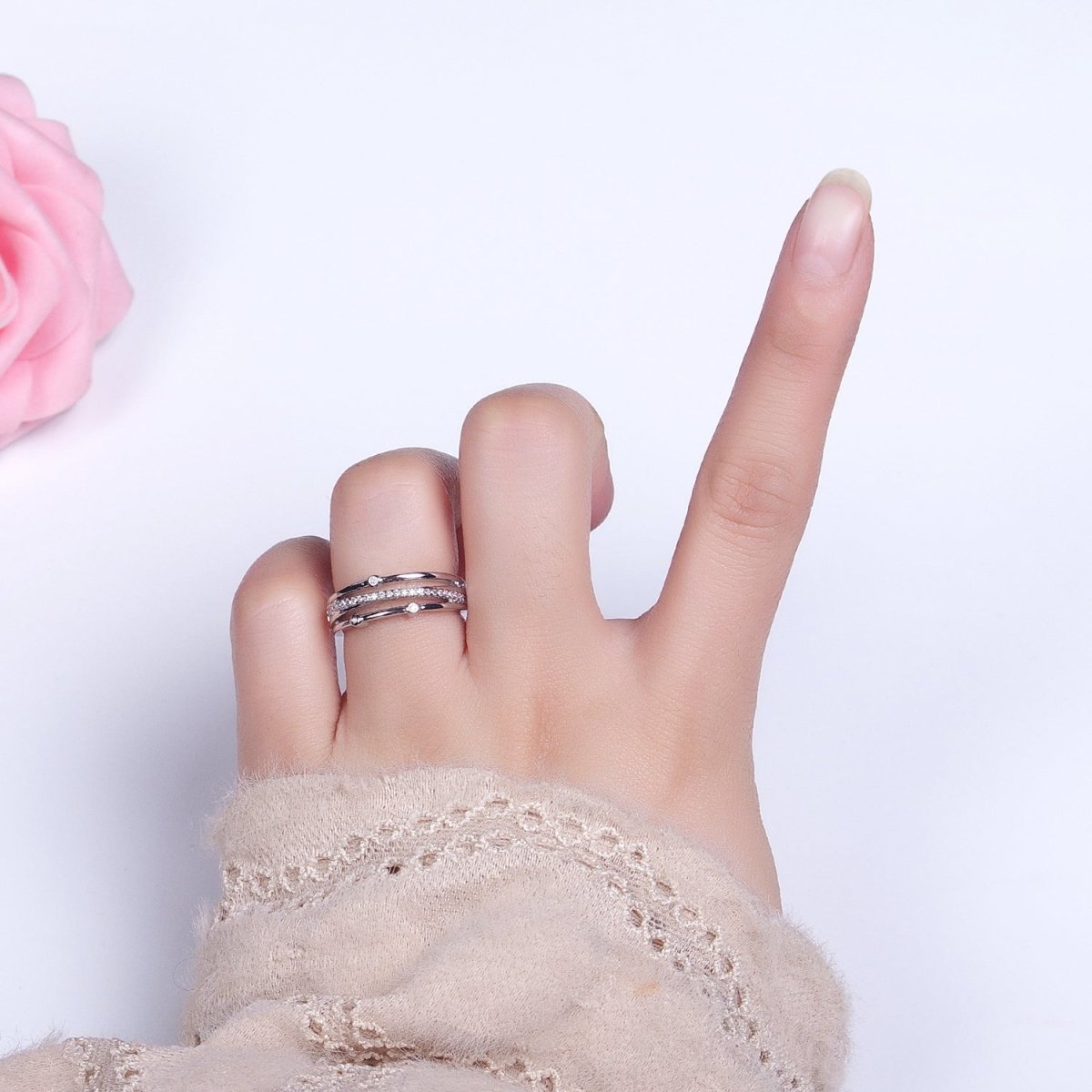 16K Gold Filled Triple Micro Paved CZ Clear Dotted Dainty Ring in Gold &amp; Silver | O-1896 O-1897