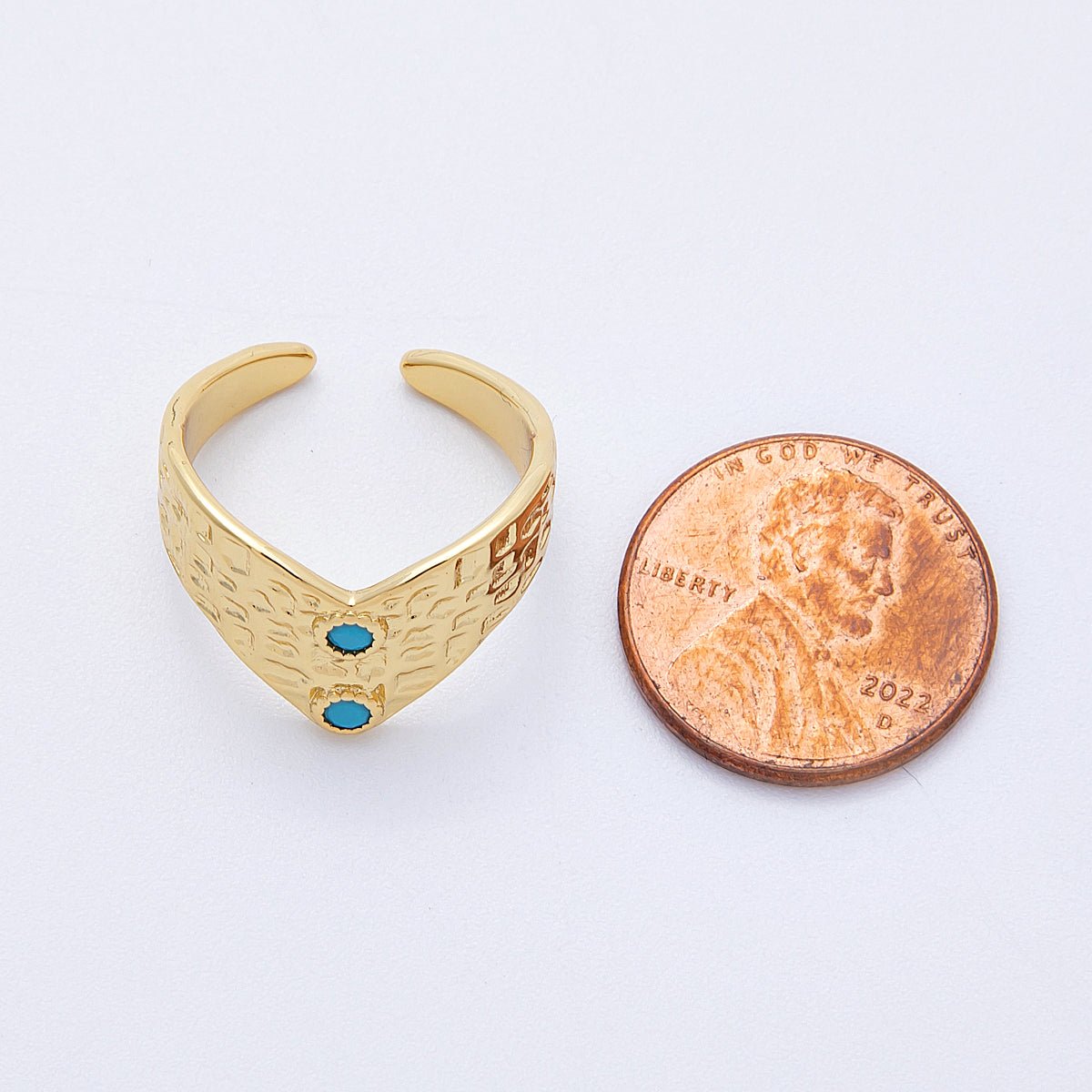 16K Gold Filled Turquoise Dotted Hammered Chevron Ring | Rings-00029