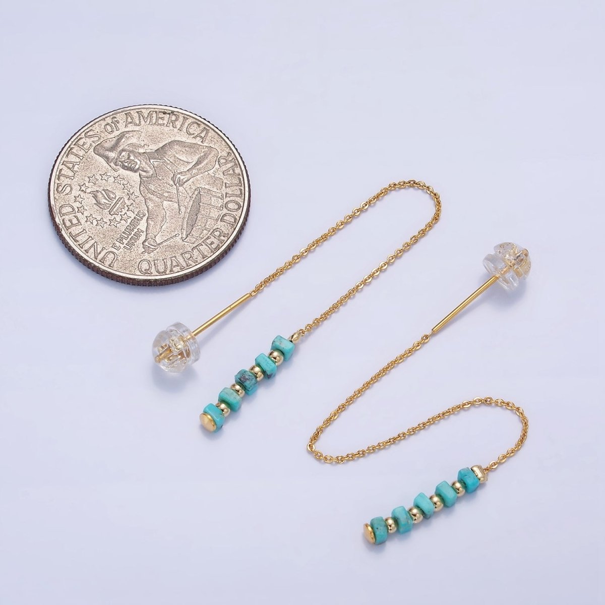 16K Gold Filled  Turquoise Gemstone Cable Chain Threader Earrings | P017