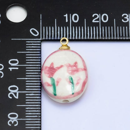 16K Gold Filled Twin Pink Flower Ceramic Drop Charm | W074