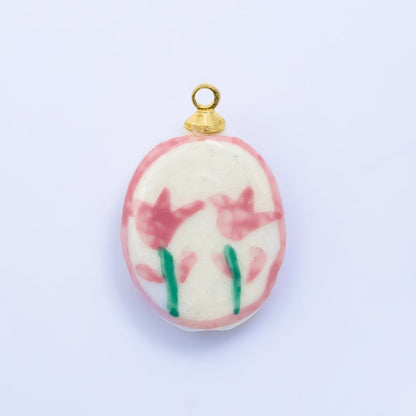 16K Gold Filled Twin Pink Flower Ceramic Drop Charm | W074