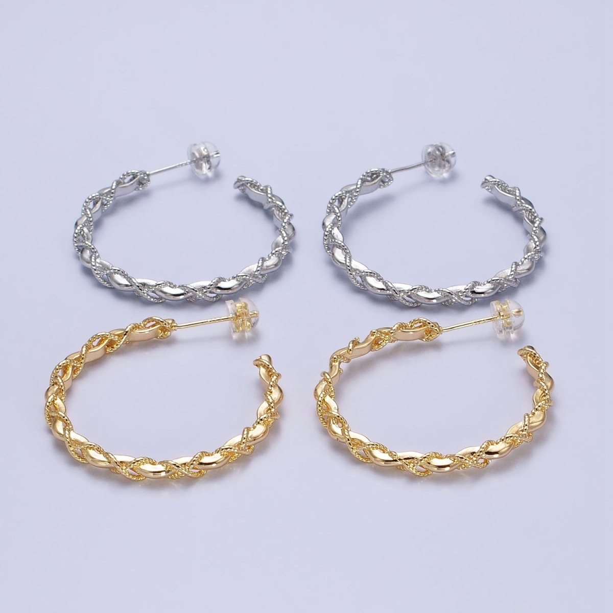 16K Gold Filled Twisted Rope Wavy Geometric C-Shaped Hoops in Gold &amp; Silver | AB735 AB736
