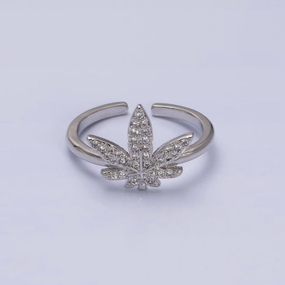 16K Gold Filled Weed Plant Micro Paved CZ Adjustable Ring in Gold &amp; Silver | O-1613 O-1614