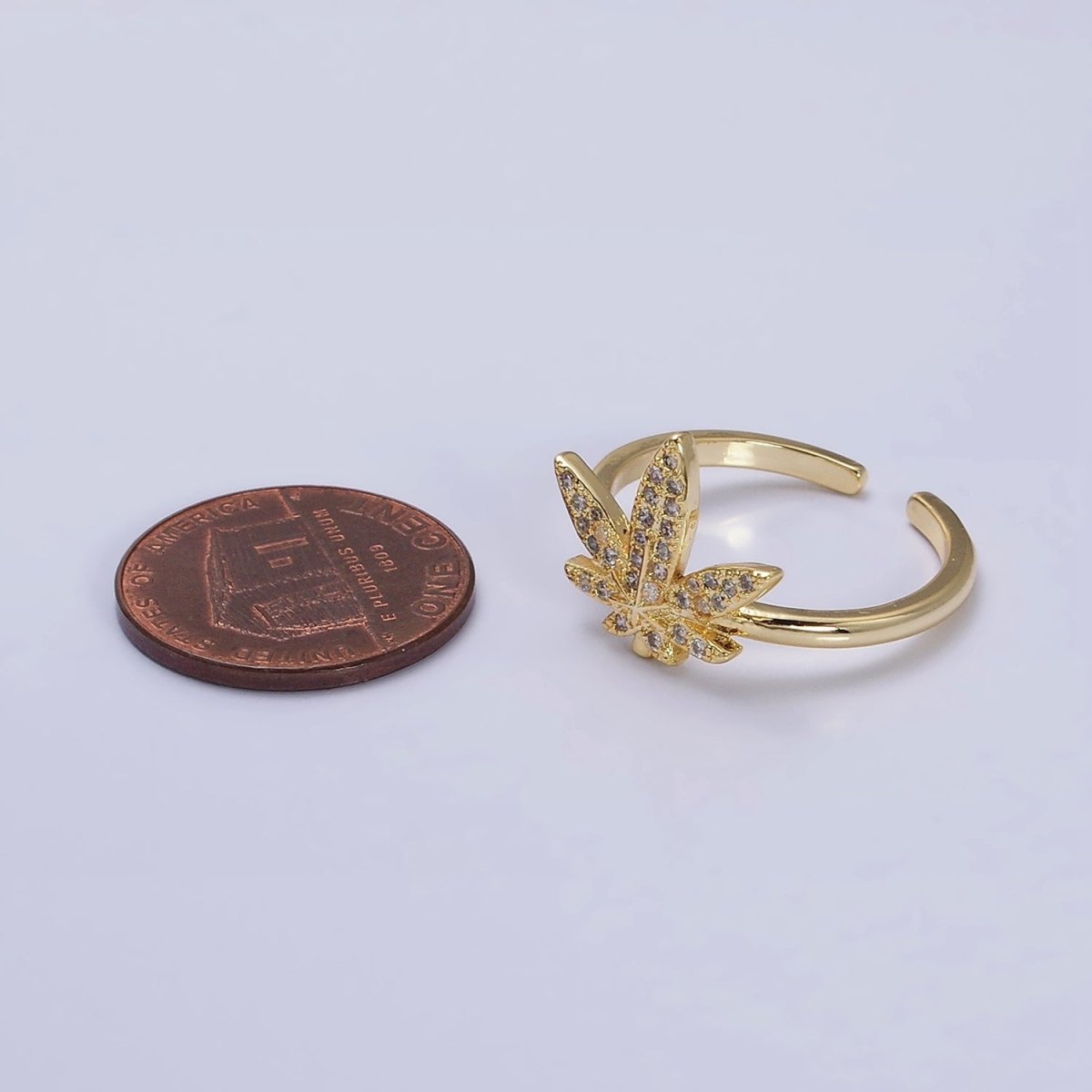 16K Gold Filled Weed Plant Micro Paved CZ Adjustable Ring in Gold &amp; Silver | O-1613 O-1614