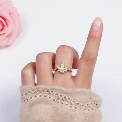 16K Gold Filled Weed Plant Micro Paved CZ Adjustable Ring in Gold &amp; Silver | O-1613 O-1614