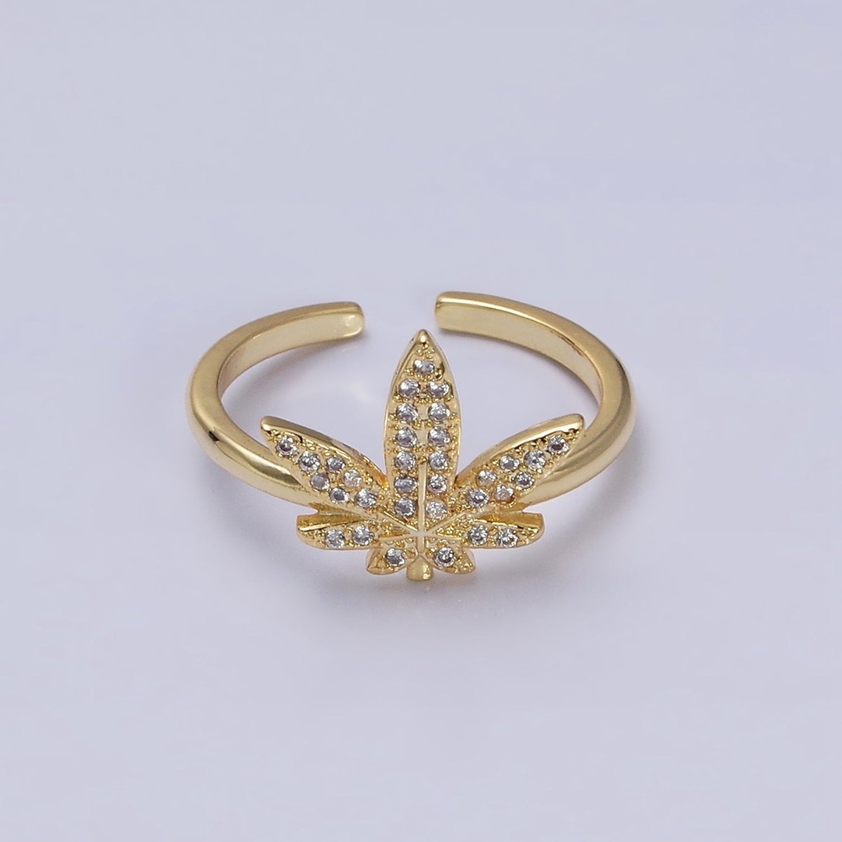 16K Gold Filled Weed Plant Micro Paved CZ Adjustable Ring in Gold &amp; Silver | O-1613 O-1614