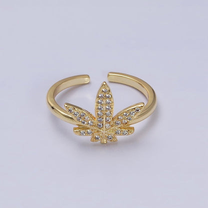 16K Gold Filled Weed Plant Micro Paved CZ Adjustable Ring in Gold &amp; Silver | O-1613 O-1614