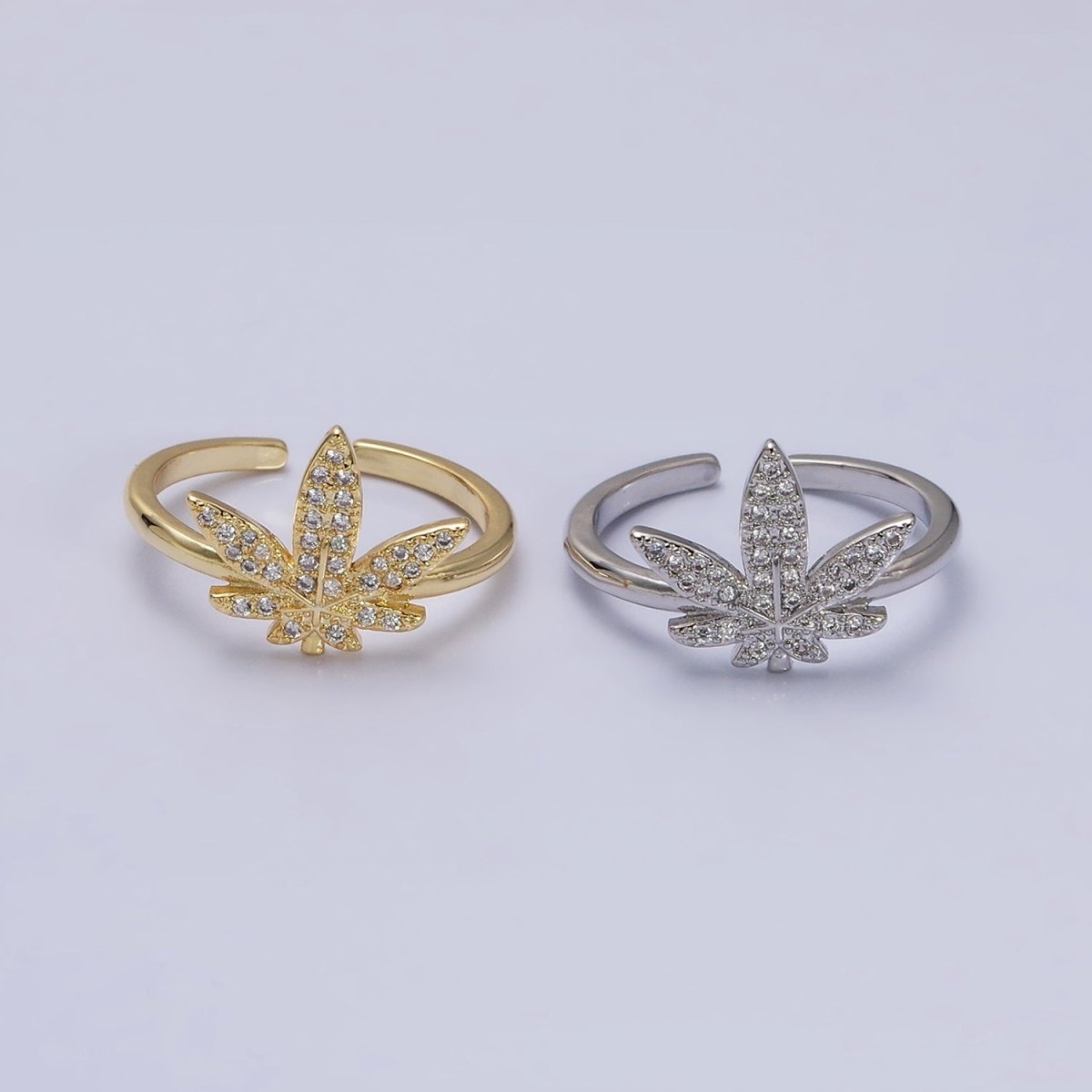 16K Gold Filled Weed Plant Micro Paved CZ Adjustable Ring in Gold &amp; Silver | O-1613 O-1614