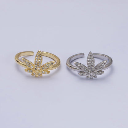 16K Gold Filled Weed Plant Micro Paved CZ Adjustable Ring in Gold &amp; Silver | O-1613 O-1614