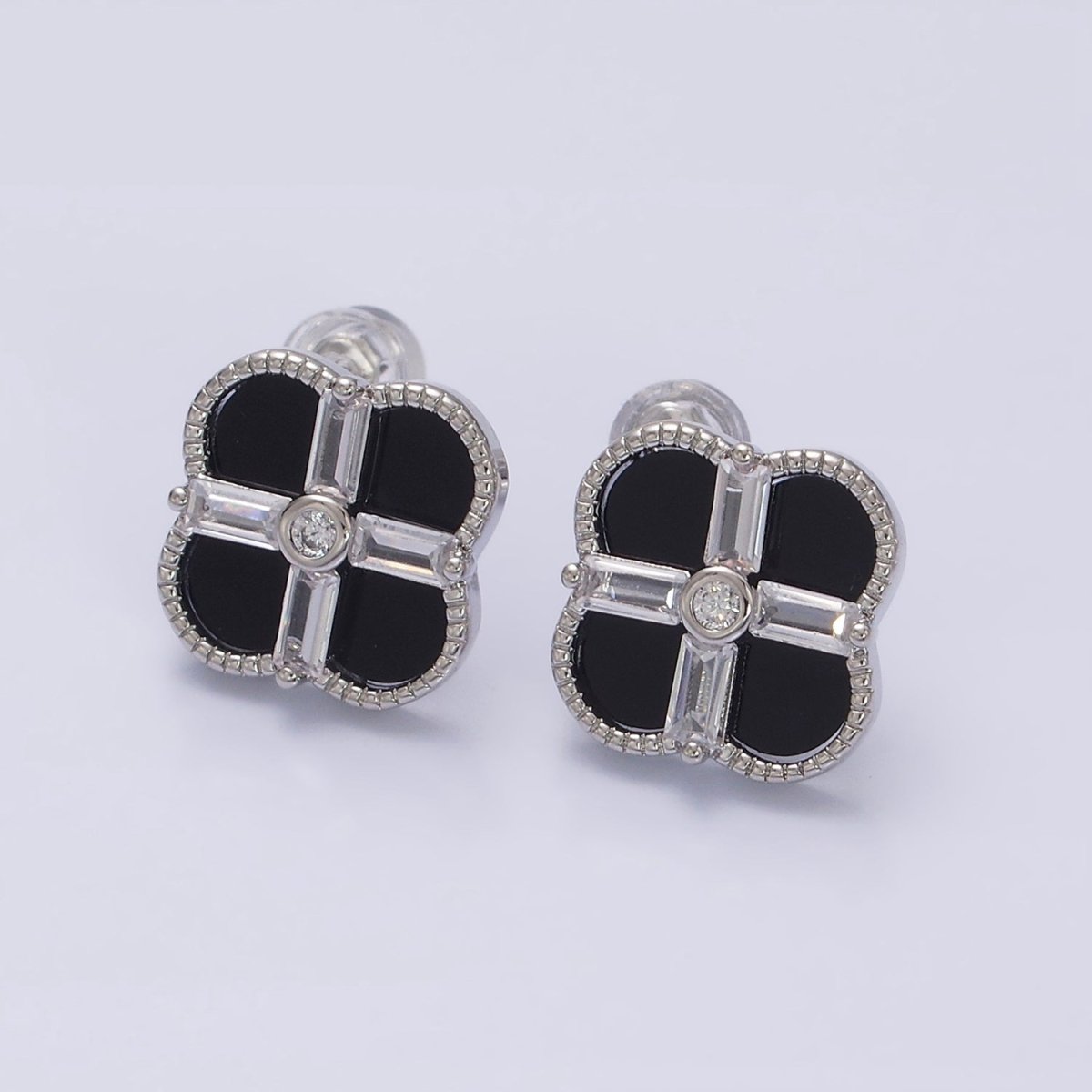 16K Gold Filled White, Black Baguette Quatrefoil Stud Earrings in Gold &amp; Silver | AD1116 - AD1119