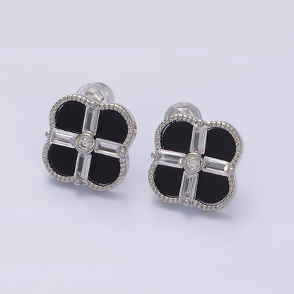 16K Gold Filled White, Black Baguette Quatrefoil Stud Earrings in Gold &amp; Silver | AD1116 - AD1119