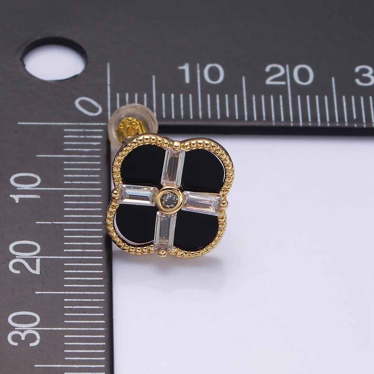 16K Gold Filled White, Black Baguette Quatrefoil Stud Earrings in Gold &amp; Silver | AD1116 - AD1119
