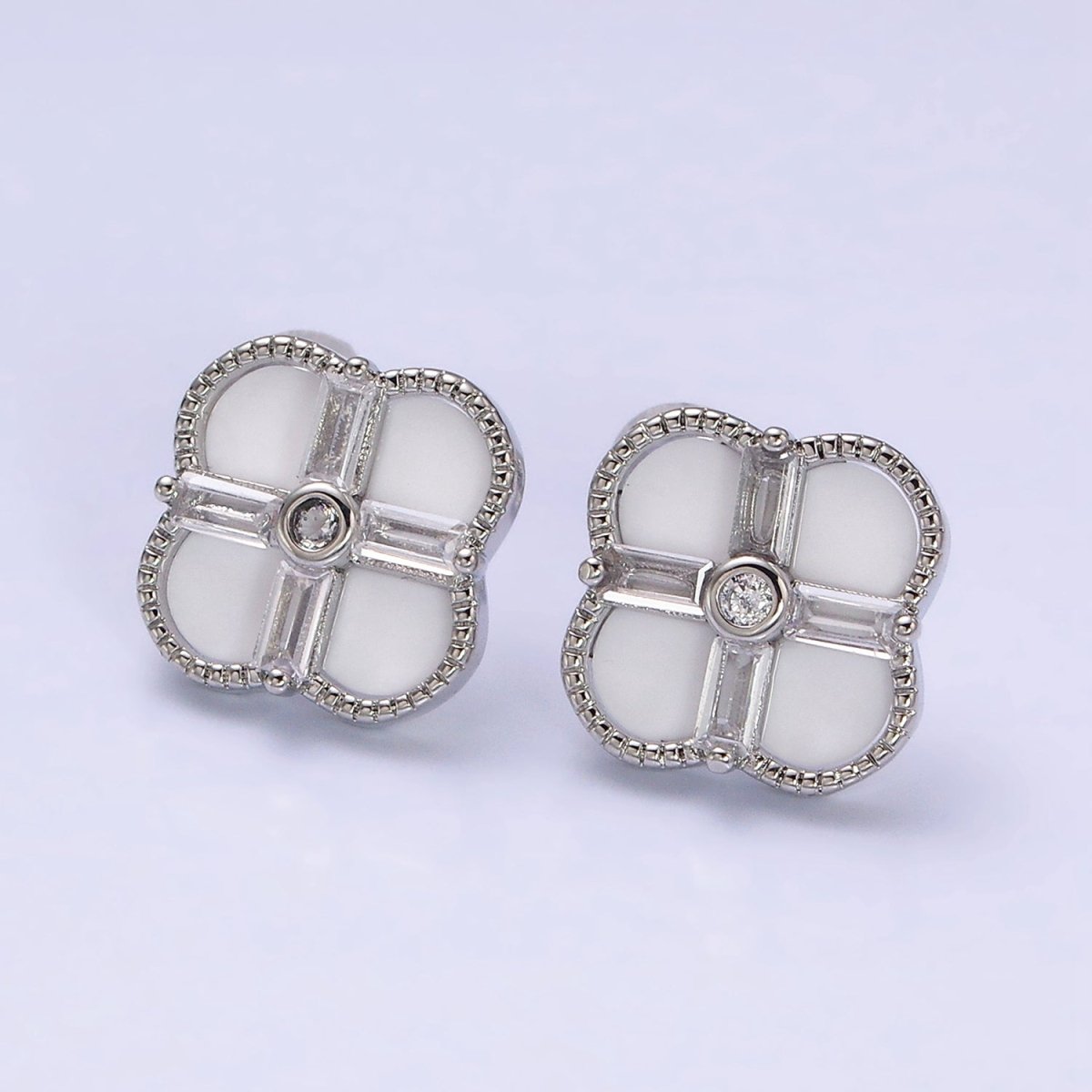 16K Gold Filled White, Black Baguette Quatrefoil Stud Earrings in Gold &amp; Silver | AD1116 - AD1119