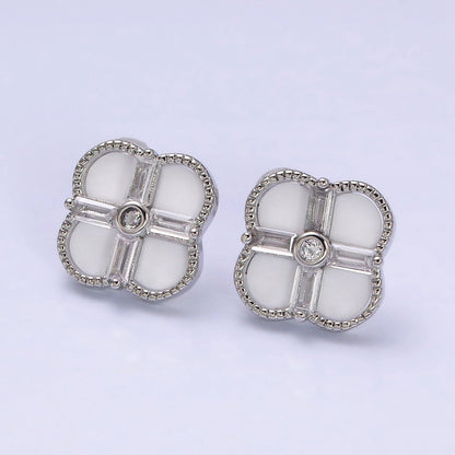 16K Gold Filled White, Black Baguette Quatrefoil Stud Earrings in Gold &amp; Silver | AD1116 - AD1119