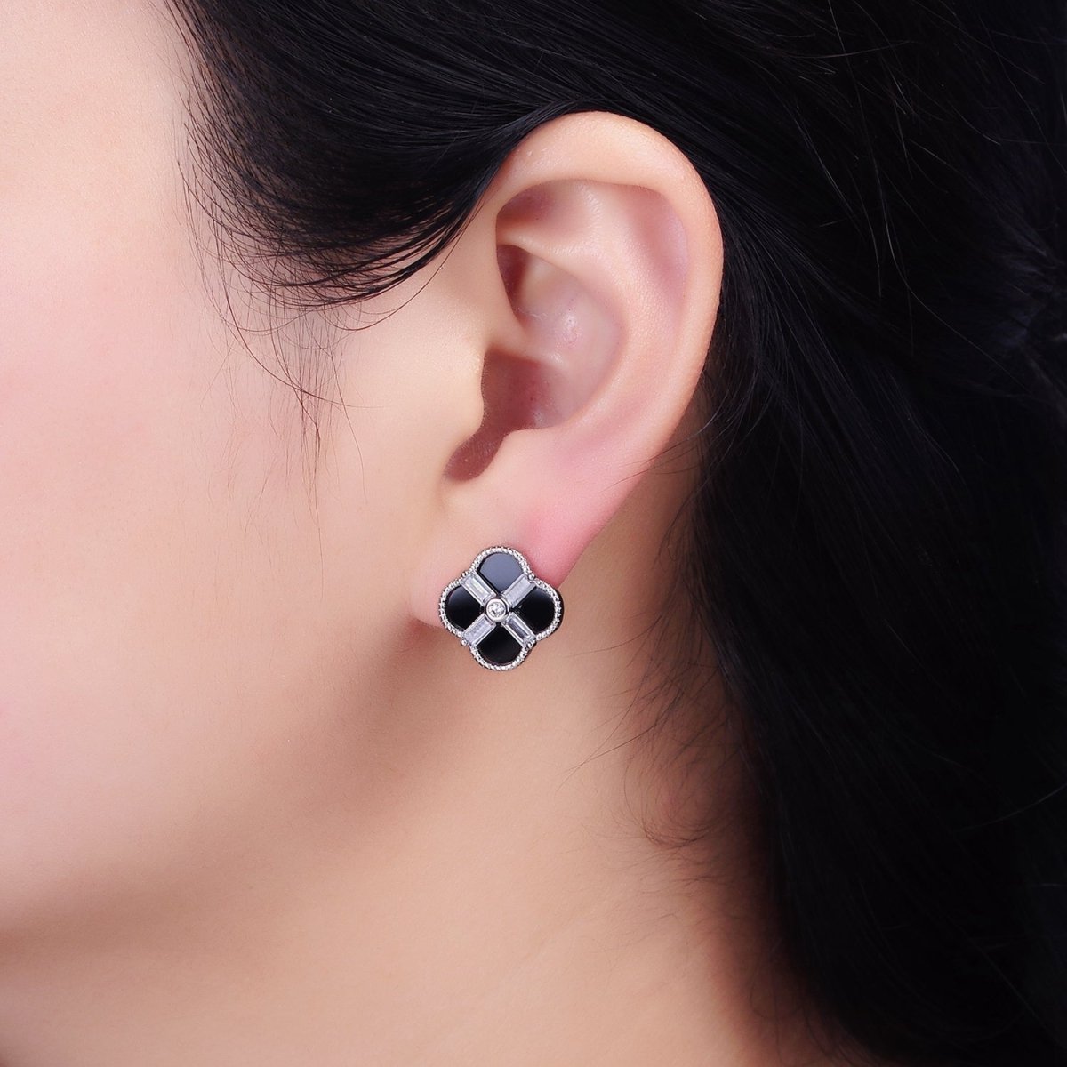 16K Gold Filled White, Black Baguette Quatrefoil Stud Earrings in Gold &amp; Silver | AD1116 - AD1119