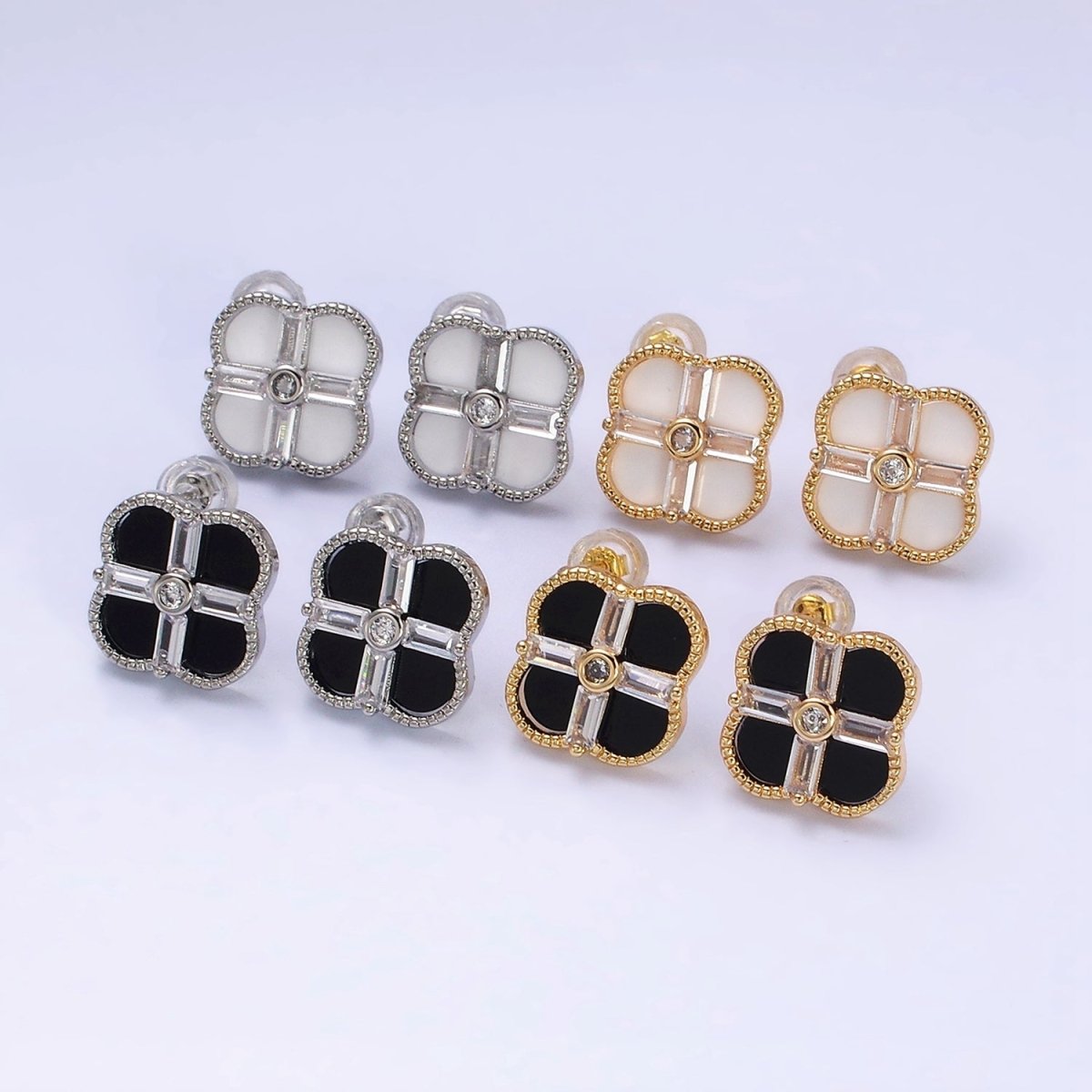 16K Gold Filled White, Black Baguette Quatrefoil Stud Earrings in Gold &amp; Silver | AD1116 - AD1119