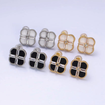 16K Gold Filled White, Black Baguette Quatrefoil Stud Earrings in Gold &amp; Silver | AD1116 - AD1119