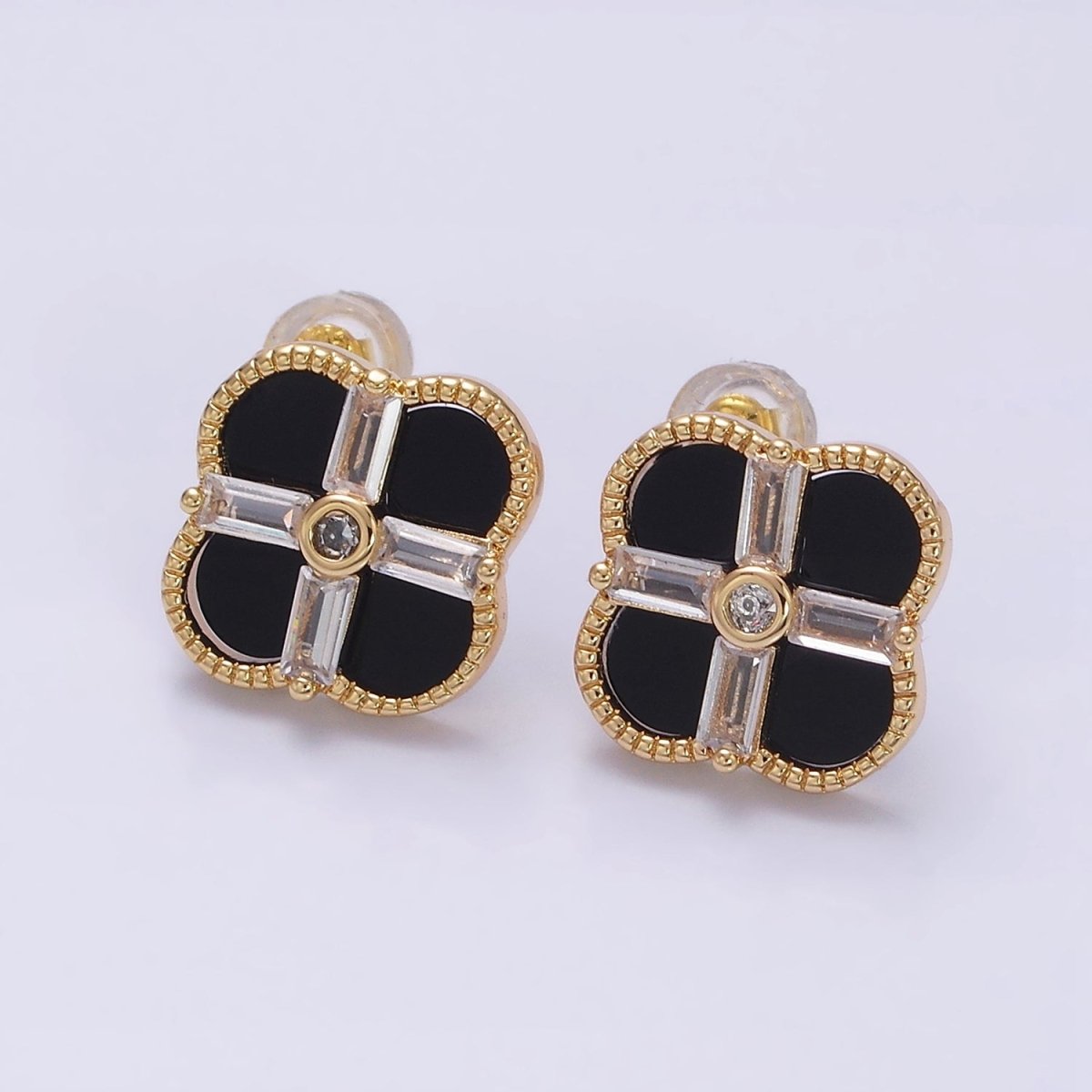 16K Gold Filled White, Black Baguette Quatrefoil Stud Earrings in Gold &amp; Silver | AD1116 - AD1119