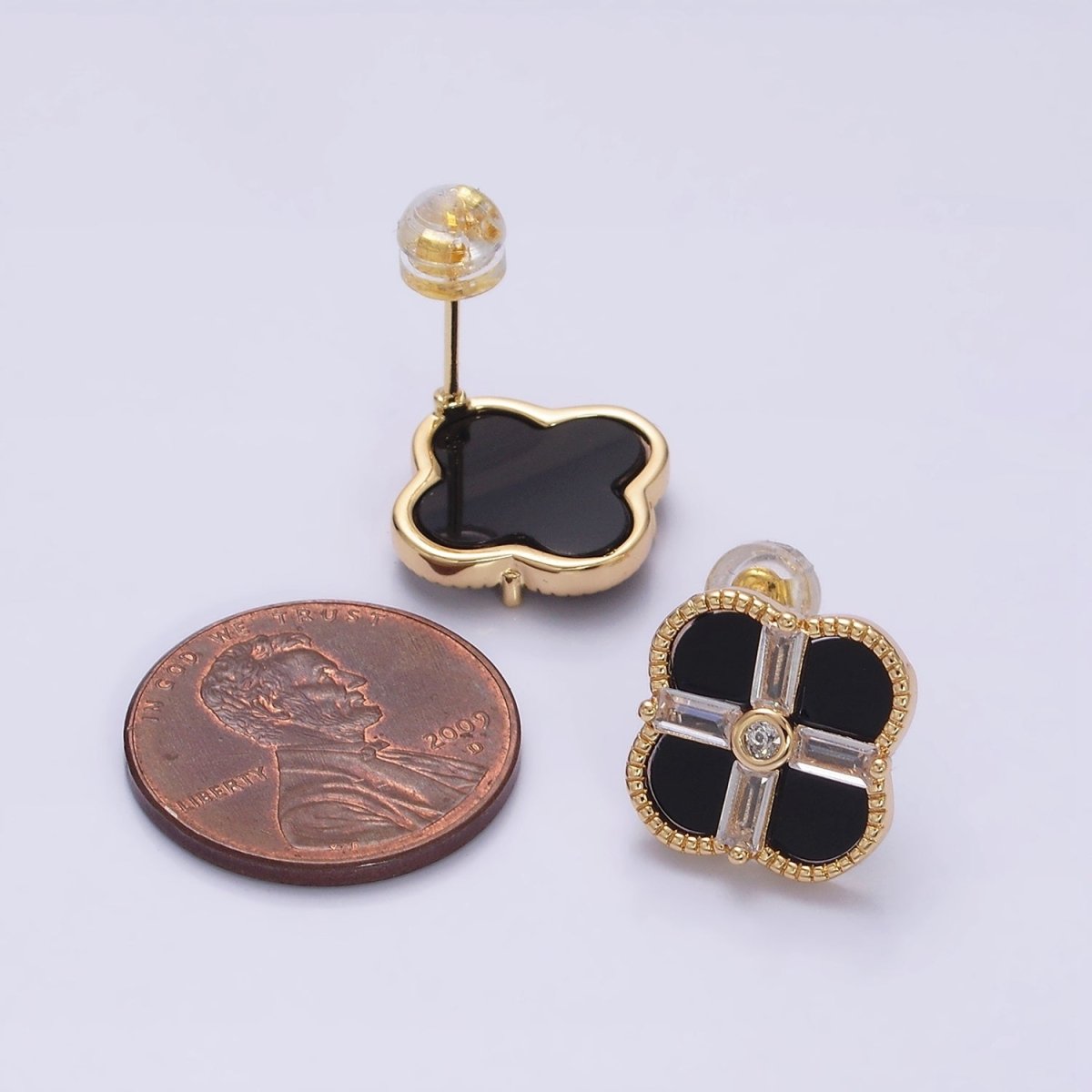 16K Gold Filled White, Black Baguette Quatrefoil Stud Earrings in Gold &amp; Silver | AD1116 - AD1119